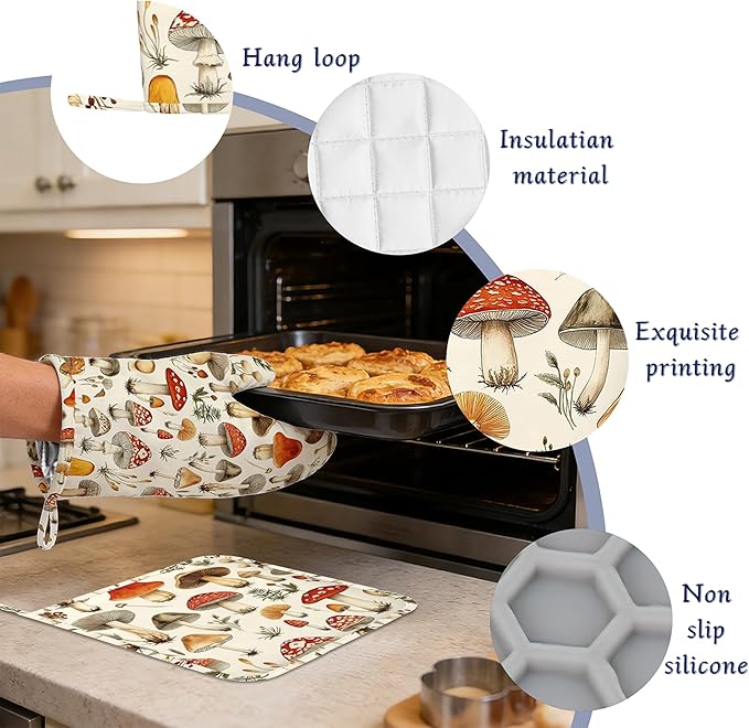 Mushroom Potholders & Oven Mitts Sets Funny Wildflowers Herb Silicone Heat Resistant Oven Mits and Hot Pads Non-Slip Pot Holders Gloves for Kitchen Chef Cooking Baking Grilling BBQ