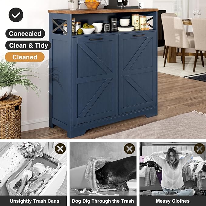 Double Tilt Out Trash Can Cabinet for 13 * 2 Gallon Trash Can, Farmhouse Kitchen Island Cabinet with Adjustable Shelf for Hidden Laundry Basket, Dog Proof Garbage Can for Dining Living Room, Blue