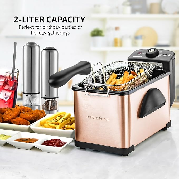 OVENTE Electric Deep Fryer 2L Capacity, Lid with Viewing Window, Adjustable Temperature, Removable Frying Basket & Cool Touch Handle, 1500W Power, Easy to Clean Stainless Steel Body, Copper FDM2201CO