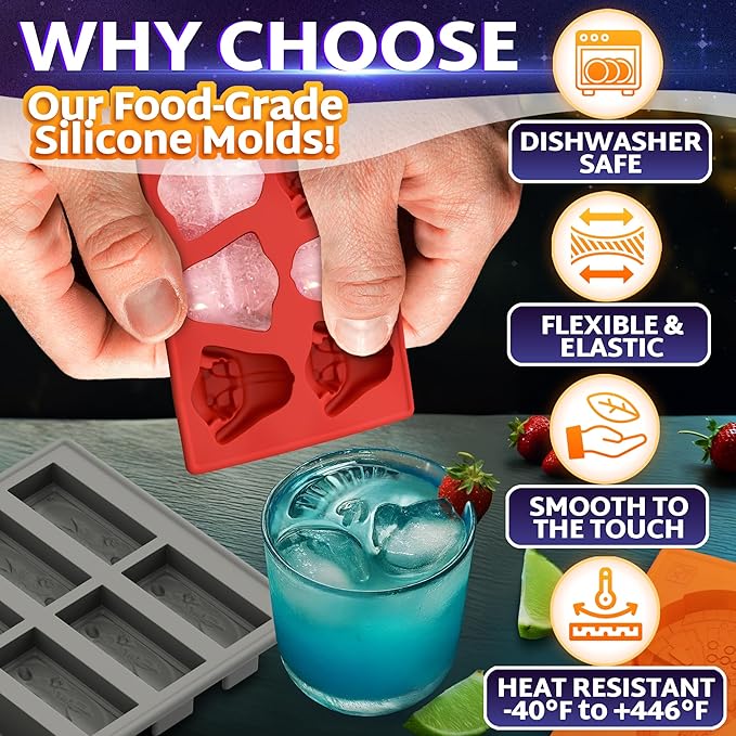 Epic 8-piece Sci-fi Silicone Molds Set - Silicone Ice Cube Tray for Space Themed Drinks | Non-Stick, Reusable & Flexible for Jello, Candy, Chocolate & Wax | Suitable for Freezer, Oven & Microwave