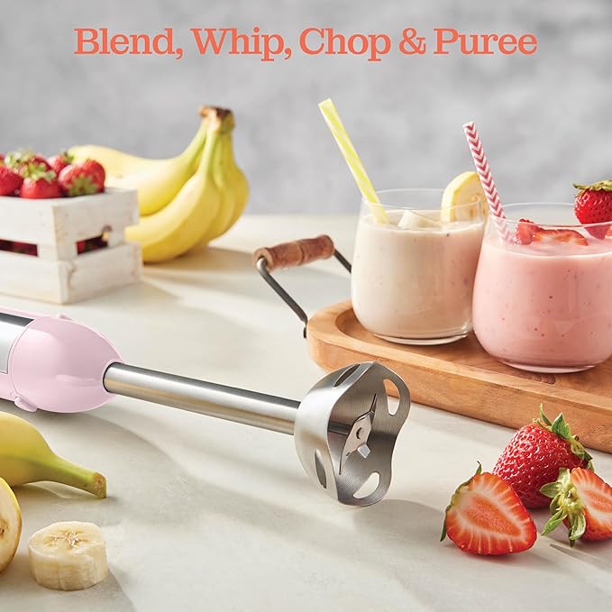 Powerful Immersion Blender, Electric Hand Blender 500 Watt with Turbo Mode, Detachable Base. Handheld Kitchen Blender Stick for Soup, Smoothie, Puree, Baby Food, 304 Stainless Steel Blades (Pink)