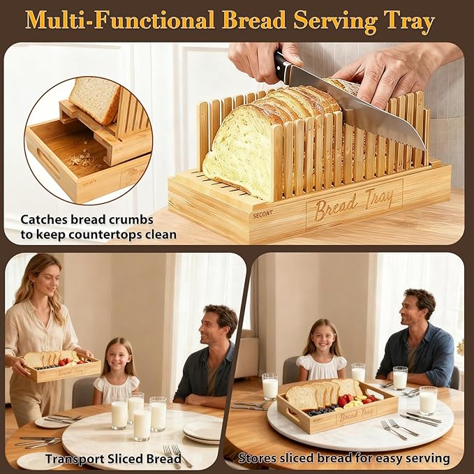 3-in-1 Bread Slicer set for Homemade Bread with Storage Box and Bread Serving Tray for Homemade Bread - Upgrade Bamboo Wooden Bread Slicer Kit - Adjustable Width, Crumb Tray, Cloth Bags