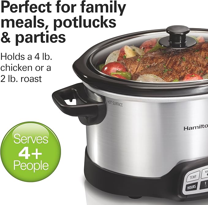 Hamilton Beach 4 Quart Programmable Slow Cooker with Flexible Easy Programming, 5 Cooking Times, Dishwasher-Safe Crock & Lid, Silver (33443)