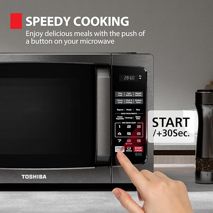 TOSHIBA ML-EM09PA(BS) Small Microwave Oven with 6 Auto Menus, Mute Function & Child Lock, LED Lighting, 0.9 Cu Ft, 10.6 Inch Removable Turntable, 900W, Countertop, Black Stainless Steel