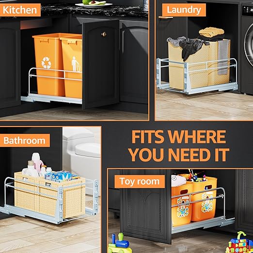 Double Pull Out Trash Can Under Cabinet with Door Mounting Kit,Under Sink Trash Can for Kitchen with Soft-Close Slides, Not Included Can，Requires Minimum Cabinets Opening 16" W X 24" D