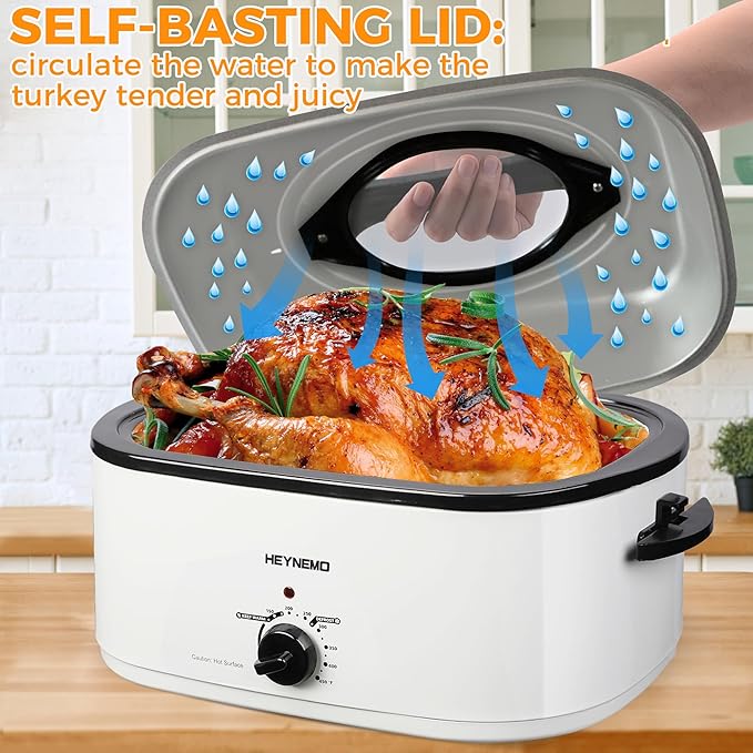 26Qt Turkey Roaster Oven Buffet with Self-Basting Lid, 1450W Stainless Steel Electric Roaster Oven with Cool-Touch Handles, Removable Pan and Rack, White