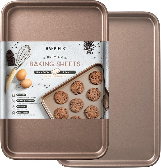 HAPPIELS 9 x 13-Inch Nonstick Quarter Sheet Pan Set of 2 | Non-Toxic, Rimmed Baking Sheet Set | Premium Quality Non-Stick Cookie Sheets for Baking | Small Sheet Pan Trays