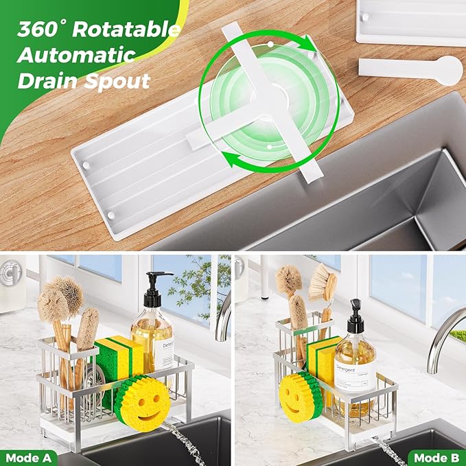 Sponge Holder for Kitchen Sink,Sink Caddy with Removable Dish Brush Holder,Self-Draining Kitchen Countertop Organizers and Storage Essentials,Soap Dispenser Organize and Home Decor-Silver