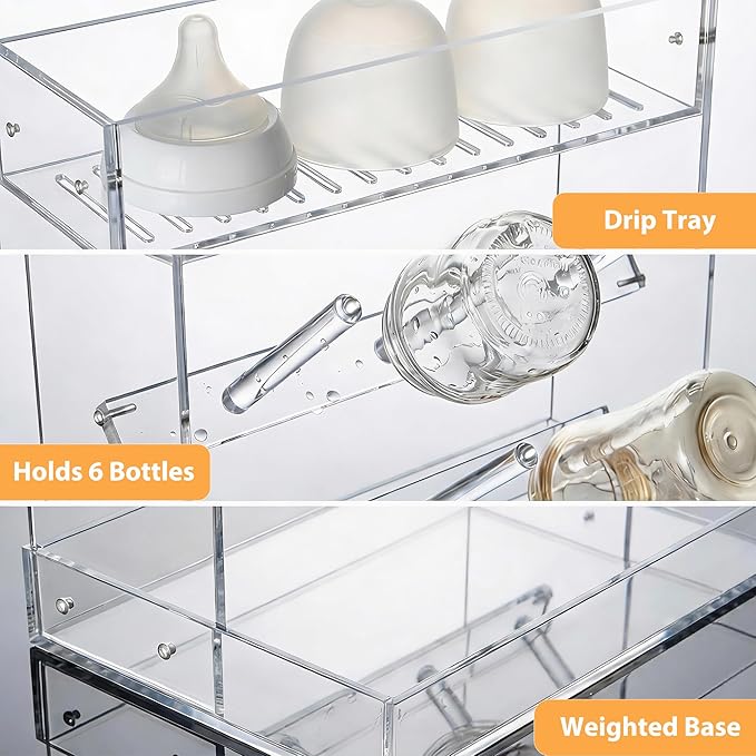 Baby Bottle Drying Rack Space Saving Acrylic Vertical Bottle Dryer Rack with Drip Tray - Clear Kitchen Countertop Storage Organizer–Fast Drying and Easy Cleanup - 10.3 x 6.3 x 10.6 in
