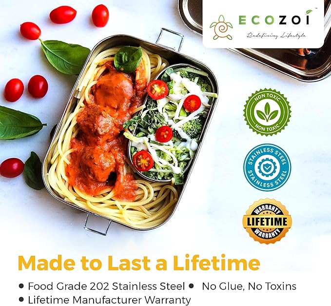 ecozoi Stainless Steel Lunch Box, Leak Proof 1 Tier Eco Metal Bento Box | Bonus Pod And Redesigned Silicone Seal | Sustainable Zero Waste Eco Friendly Food Storage Container