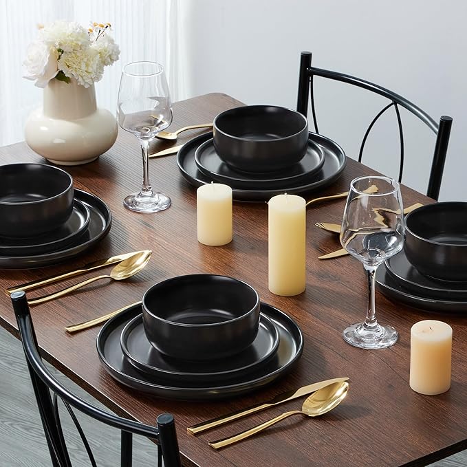 E-far Stoneware Dinnerware Sets for 2, 6-Piece Plates and Bowls Set, Modern Ceramic Dishes Dinning Ware, Microwave & Dishwasher Safe - Matte Black
