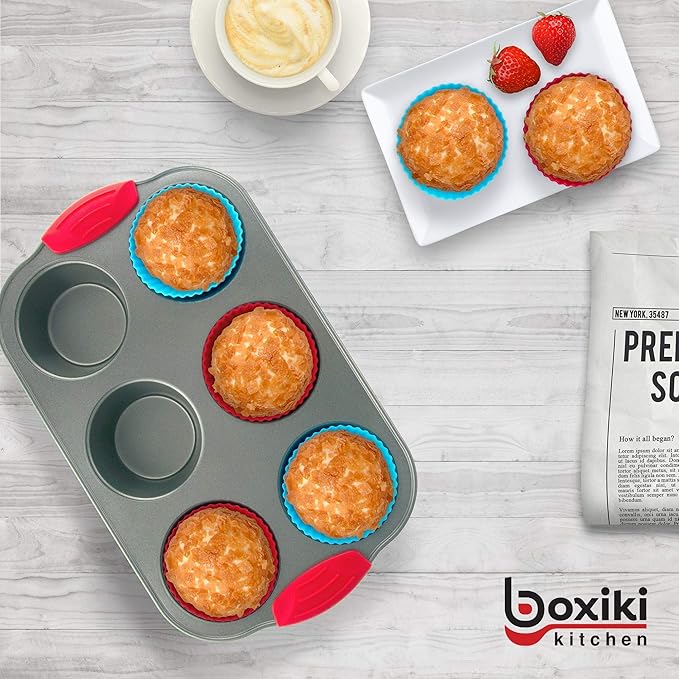 Boxiki Kitchen Duo: Non-Stick Steel Jumbo 6-Cup Muffin Pan with Silicone Handles & Reusable Liners + Non-Stick Steel 8x8 Square Baking Pan.
