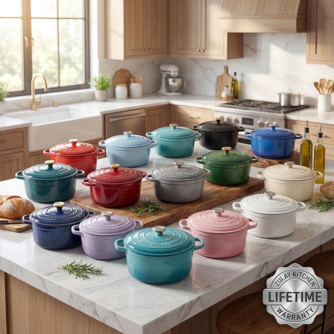 Zulay Kitchen 5 Quart Enameled Cast Iron Dutch Oven Pot with Lid – Premium Durability & Oven Safe up to 500°F – Heavy Duty Cookware Perfect for Bread Baking, Stews, Braising & Roasting – Pink