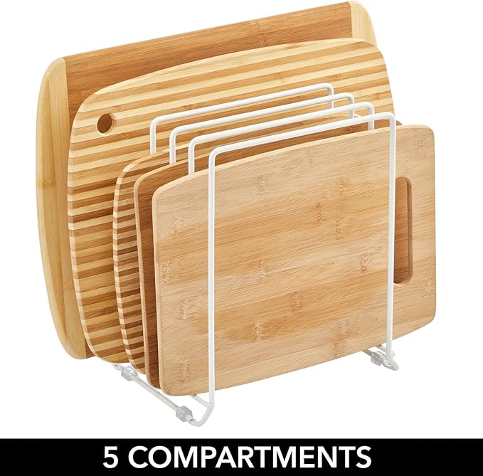 mDesign X-Large Steel Storage Tray Organizer Rack for Kitchen Cabinet - Divided Holder with 5 Slots for Skillets, Frying Pan, Pot Lids, Cutting Board, Baking Sheets - Concerto Collection - White