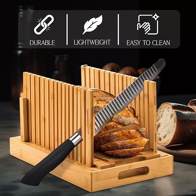 Bamboo Bread Slicer with High-Grade Stainless Steel Knife – Adjustable Wooden Bread Cutter Guide with Crumb Tray, Brush & Pouch | Manual Bread Slicer for Homemade Bread, Sourdough, Loaf, Cakes