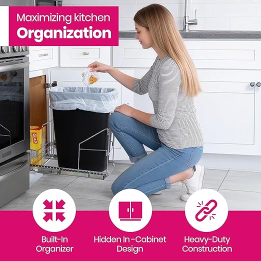 HOLDN’ STORAGE Pull Out Trash Can Under Cabinet - Trash Can Not Included - Dedicated Space for Disposable Trash Bags, Requires a 11” Cabinet Opening, Adjustable, Heavy Duty, Anti Rust Chrome Finish