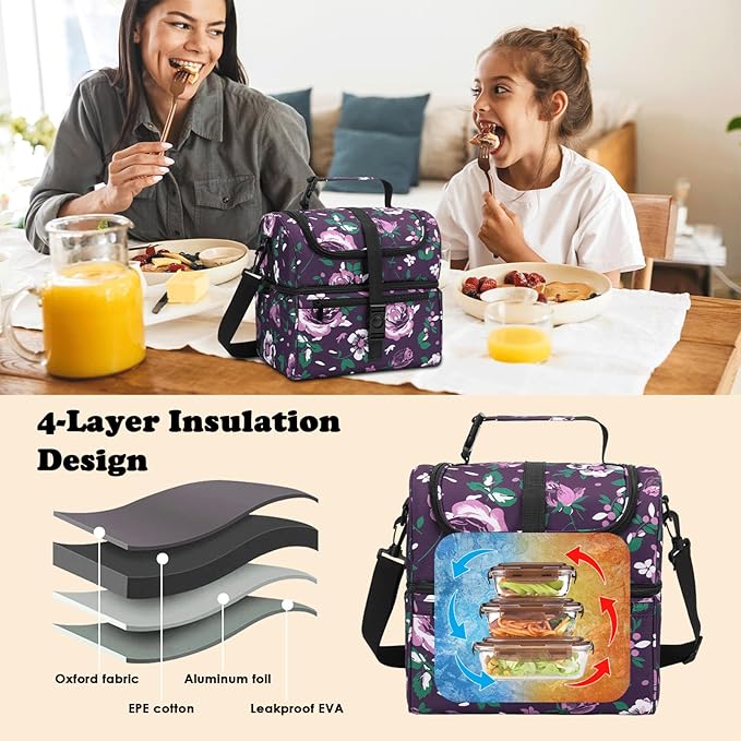 PBRO Double Deck Insulated Lunch Bag for Women,Large Reusable Lunch Box with Adjustable Shoulder Belt and Side Pockets,Cute Floral Leakproof Lunch Tote Cooler Bag for Adult Picnic,Working -Dark Purple