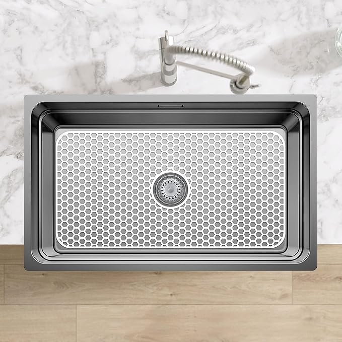 Bestjing Silicone Sink Protectors for Kitchen Sink with Center Drain - 29.7"x 15.5" Kitchen Protector Accessory, Non-Slip Heat Resistan Mat for Bottom of Farmhouse Stainless Steel Porcelain (White)