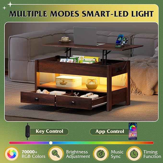 WLIVE Coffee Table, Lift Top Coffee Table with Drawers, LED Light, Large Storage and Open Shelf, Lift Tabletop for Living Room, Espresso