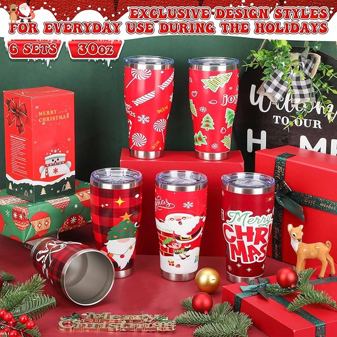 Mifoci 6 Pcs Christmas Tumblers 30oz Stainless Steel Christmas Travel Coffee Cup Double Insulated Vacuum Tumbler with Lid Straw Santa Claus Holiday Mug Gifts for Coworker Team Teacher(Novelty)