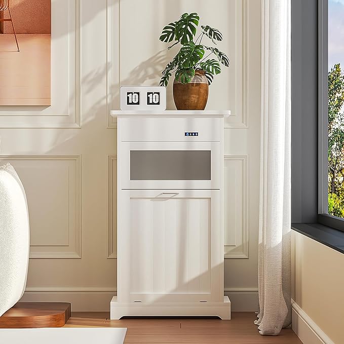 VECELO Tilt Out Trash Can Cabinet, Dog Proof Recycling Garbage Bin with Negative Ion and Deodorizing Function, Spacious Wood Top, Dual-Opening Designs, for Kitchen/Bedroom/Laundry, White
