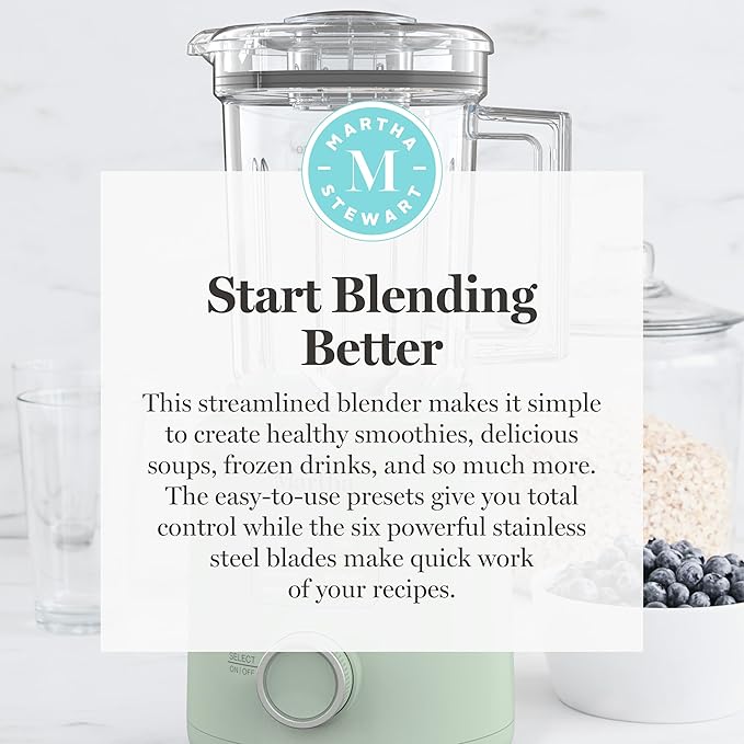 Martha Stewart 50oz Countertop Blender, Smoothie, Margarita & Ice Crushing Blender, BPA-Free Pitcher, 3 Speeds, 5 Presets, Auto-Clean Function, Dishwasher Safe, Stainless Steel Blades, Honeydew Green
