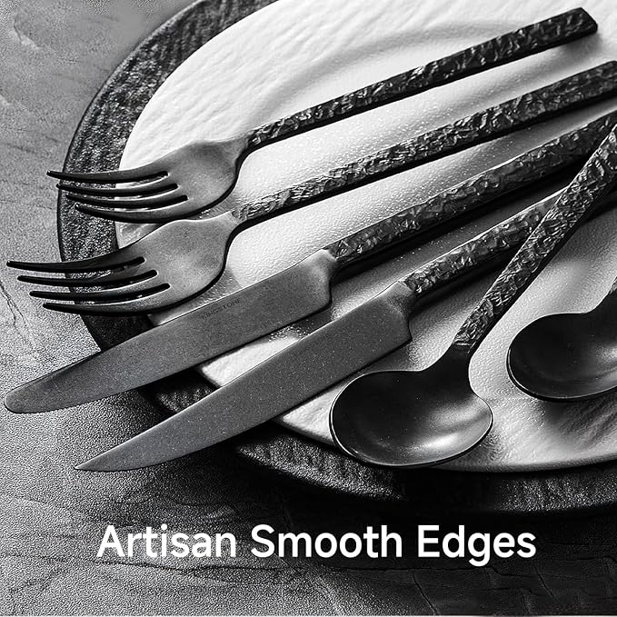 KINGSTONE 36 Pcs Black Hammered Silverware Set with Steak Knives for 6, 18/10 Stainless Steel Heavy Duty Flatware Set, Tableware Cutlery Utensil Sets for Home Restaurant Dishwasher Safe