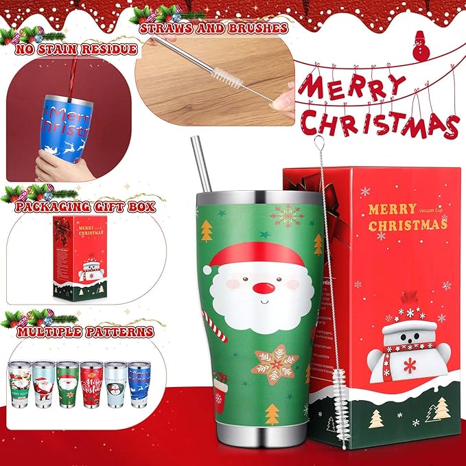 Mifoci 6 Pcs Christmas Tumblers 30oz Stainless Steel Christmas Travel Coffee Cup Double Insulated Vacuum Tumbler with Lid Straw Santa Claus Holiday Mug Gifts for Coworker Team Teacher (Cute)