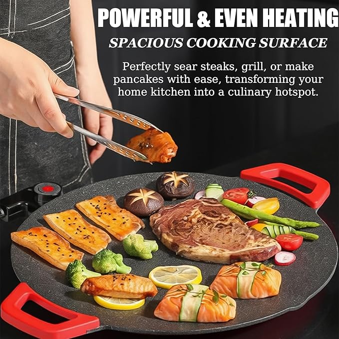 Non-Stick Electric Indoor Grill Pan - 1500w Portable Electric Korean Bbq Grill, Multifunctional Nonstick Smokeless Round Griddlewith Temperature Control,Include Oil Brush,Food Tongs