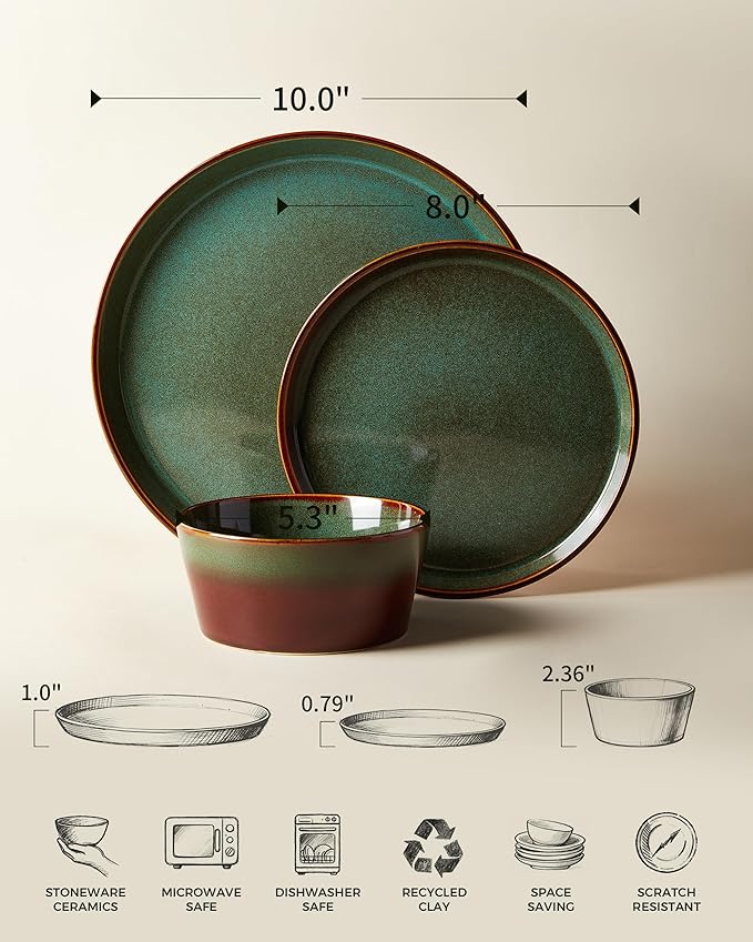 Pokini Plates and Bowls Sets for 4, Ceramic Dinnerware Sets, Kitchen Dish Set, Microwave & Dishwasher Safe Dishware, Highly Durable Hand Glazed Dinner Set, Brown Green