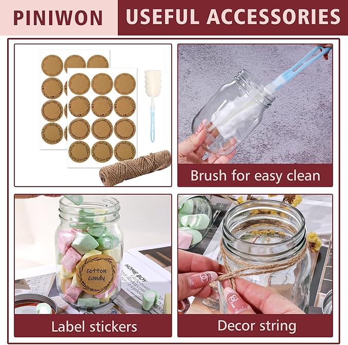 PINIWON Mason Jars 16 oz with Airtight Lids and Bands, 15 Pack Regular Mouth Canning Jars, Clear Glass Pint Jars for Canning, Pickling, Food Storage, DIY Projects, 24 Labels, Brush & String Included