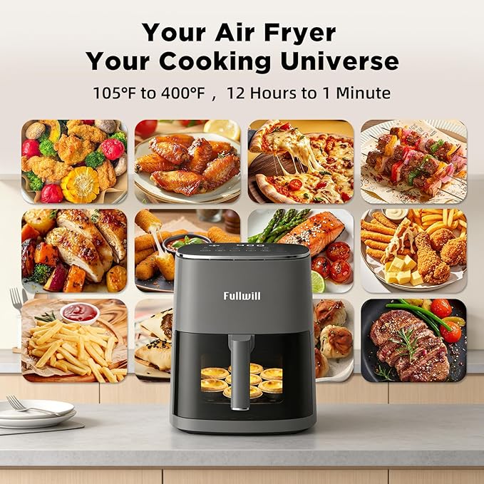 Fullwill 6QT Air Fryer with Viewing Window,12-in-1 Multi-Function Air Fry,Roast,Bake, Dehydrate, Fries,Nonstick and Dishwasher-Safe Basket,Family&friends Party,Max 400℉ Crisping 1700W,Gray