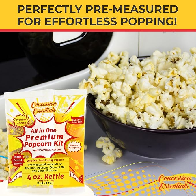 Concession Essentials 4oz Popcorn Portion Packs – Pre-Measured Kernels, Oil & Salt – Case of 12 Packs for Perfect Popcorn Every Time