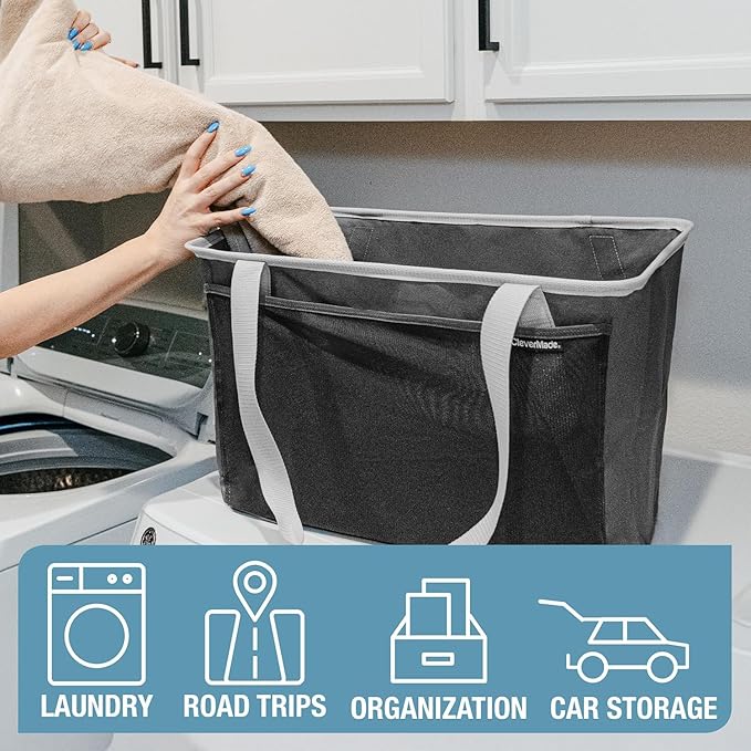 CleverMade Collapsible Tote Basket MAX (64L) – Extra Large Foldable Carry-All Storage Bin with Front Pocket, 60 lb Capacity Laundry Basket for Home, Dorm, RV & Trunk Organization