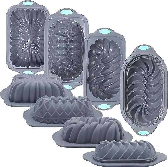 Tongjude 4 Piece Silicone Loaf Pan for Baking, Non-Stick Kitchen Oven Bread Pan, Perfect for Banana Bread, Sandwich, Pound Cake and Meatloaf, 6 Cups, Grey