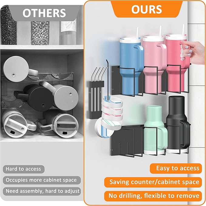 Magnetic Cup Holder for Fridge - Tumbler Organizer for Stanley 20/30/40 oz, Stanley Cup Holder with Lid & Straw Holders, Water Bottle Organizer Stanleys Cup Accessories Storage for Kitchen Fridge