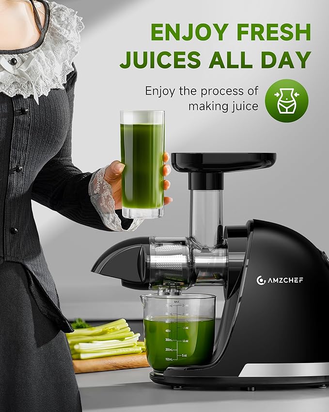 Juicer Machines - AMZCHEF Cold Press Masticating Juicer whole Fruit and Vegetable - Delicate Chew No Need to Filter - BPA Free Juice Extractor with 2 Cups and Brush- Ebony