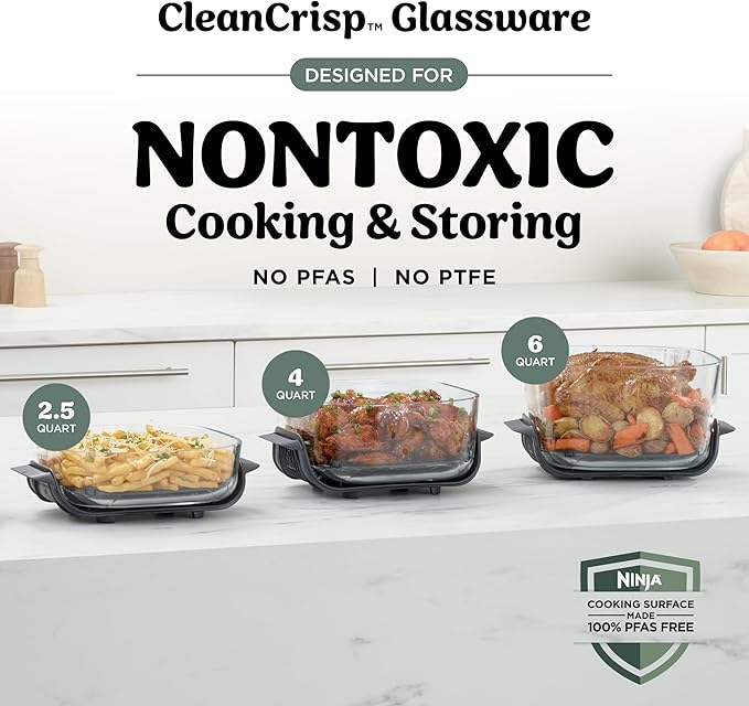 Ninja Crispi Pro 6-in-1 Glass Air Fryer | 450°F, Nontoxic, 6qt & 2.5qt Containers & Lids | Microwave, Freezer, Dishwasher Safe | Max Crisp, Air Fry, Bake, Roast, Recrisp, Dehydrate | Ash Grey, AS101DG