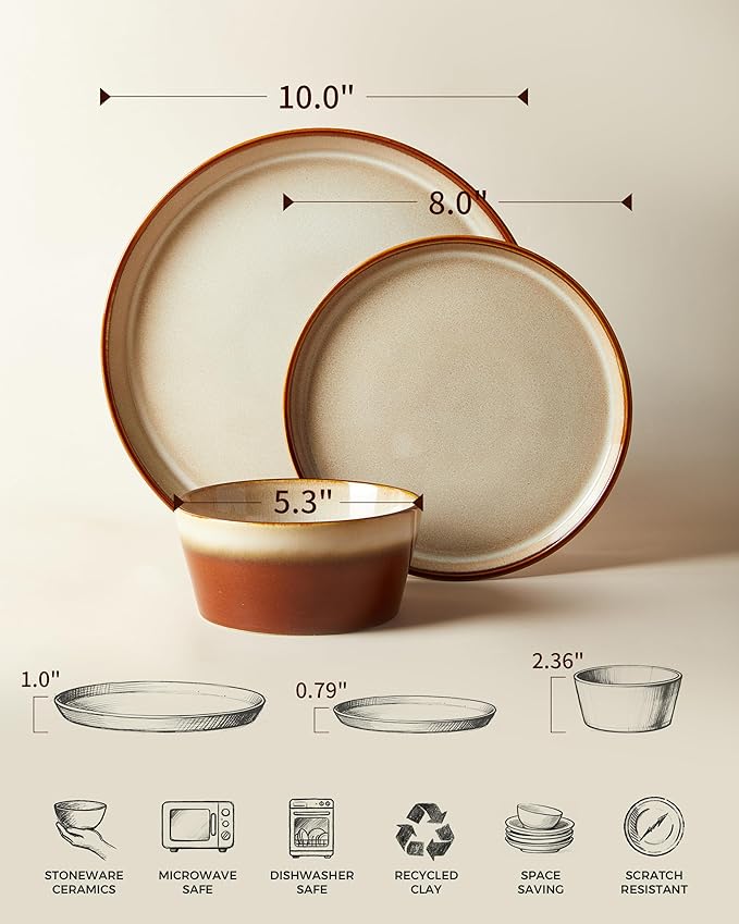 Pokini Dinnerware Set for 4, Ceramic Dish Sets, Plate and Bowl Set, Microwave & Dishwasher Safe Dishware Set, Chip & Scratch Resistant Dinner Set, No Two Are Alike, Amber Brown