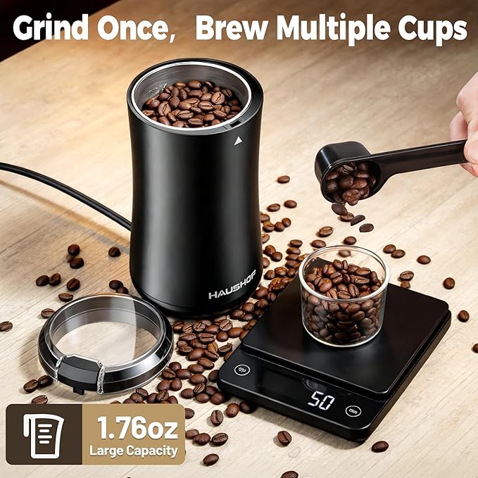 HAUSHOF Coffee Grinder Electric, One Touch Coffee Bean Grinder for Beans, Spices, Herbs and Seeds, Compact Design, with Clean Brush Black