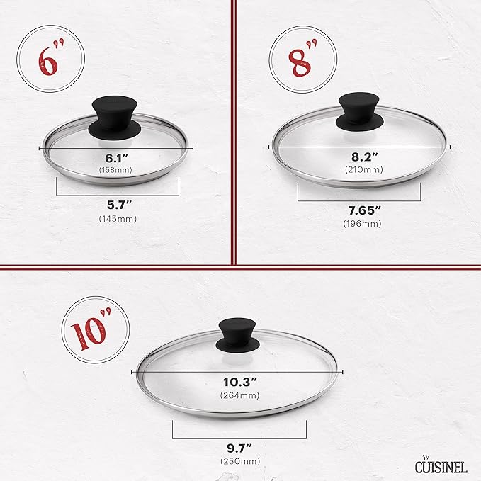 Cuisinel Cast Iron Skillet Set - 6"+8"+10"-Inch + Glass Lids + Silicone Handle Holder Covers - Pre-Seasoned Frying Pan - Oven Safe Cookware - Indoor/Outdoor, Grill, BBQ, Fire, Stovetop, Induction Safe