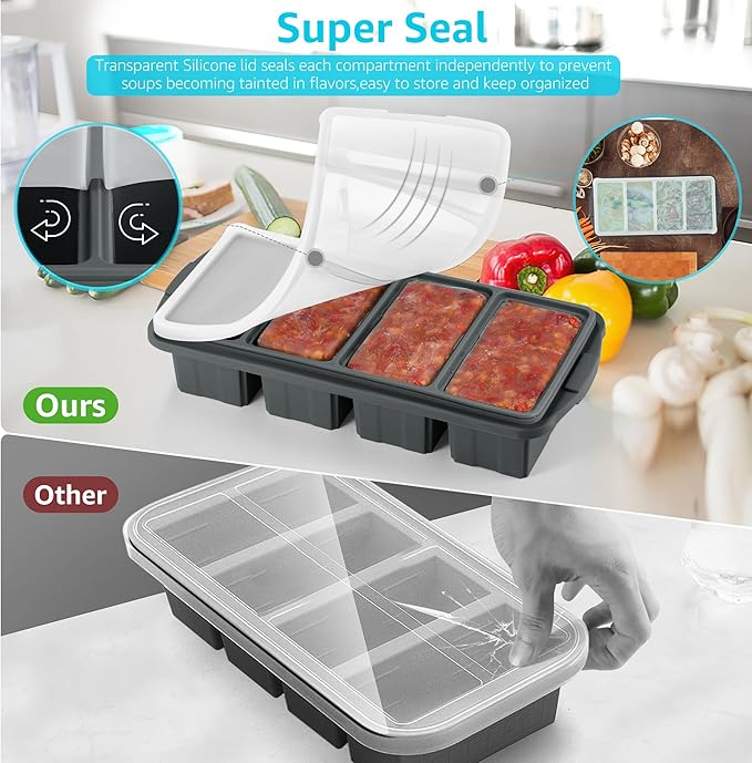 Ztomine Silicone Freezer Tray With Lid - Silicone Freezer Food Molds- Large Ice Cube Tray,Silicone Freezer Container,Freeze & Store Soup, Sauce, Broth,Leftovers - Makes 4 Perfect 1 Cup