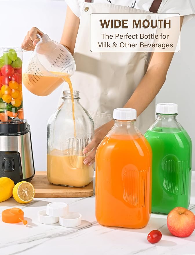 KMIGRUAN 64oz Heavy Duty Glass Milk Bottle with Handle and Airtight Reusable Lids,3Pack Glass Milk Container for Refrigerator,Juice Jugs With 2 Exact Scale Lines