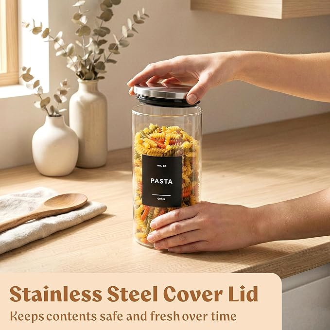 EDELHAUS Glass Storage Containers with Stainless Steel Lids [Extra Thick Glas] with 54 Labels - Canister For Pantry Noodles Flour Cereal Rice Sugar Tea Coffee Beans - Round Set of 5x