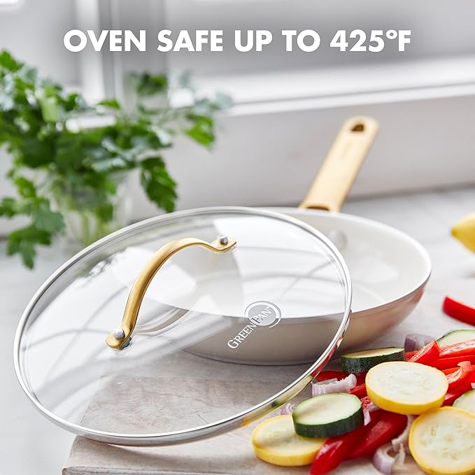 GreenPan 8" Tempered Glass Lid for Pots and Pans Cookware, Gold-Tone Handle with Matte Finish, Dishwasher and Oven Safe