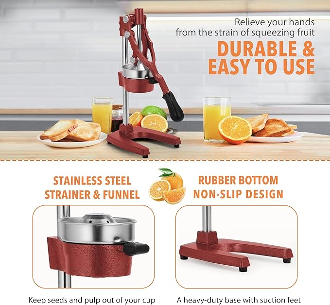 19 Inch Height Extra Tall Commercial Heavy Duty Cast Iron Hand Press Manual Orange Citrus Lemon Lime Grapefruit Pomegranate Fruit Juice Squeezer Machine with Stainless Steel Cup Red