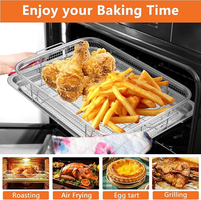 Air Fryer Basket for Oven, 2 Set Oven Air Fryer Basket and Tray with 60 PCS Parchment Papers, Stainless Steel Air Fryers Pan and Crisper Tray for for Baking Cooking and Frying(15.6"X11.6" & 13"X9.7")