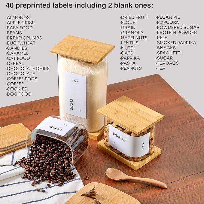 Glass Storage Jars with Bamboo Lids, 100oz Square Food Storage Containers for Kitchen Pantry Organization, Storage Canisters with Labels for Cereal Flour Beans Tea, Large Spice jars Seasoning Bottles