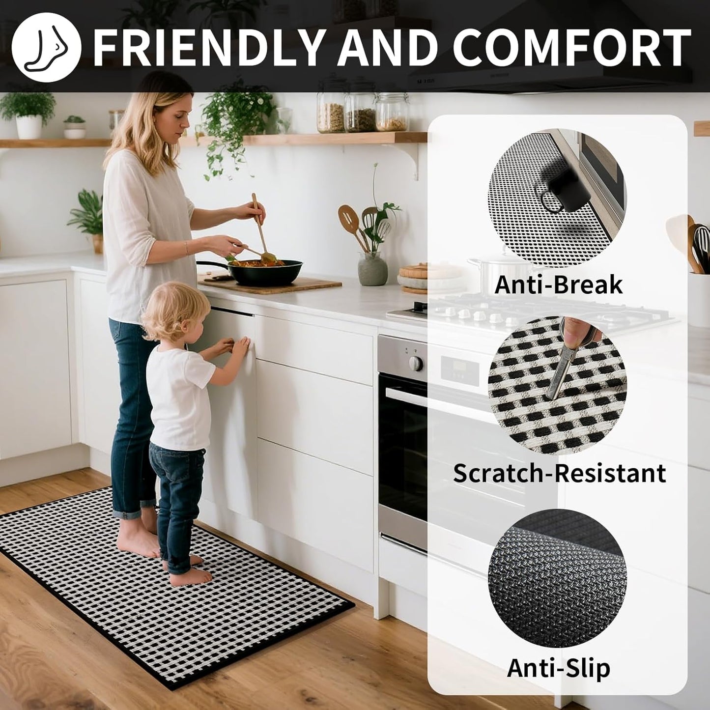 Kitchen Rugs Non Slip Washable, Rubber Backing Soft Chenille Braided Kitchen Mats for Floor, Super Absorbent Kitchen Runner Rug Standing Mat Sink Mat, Easy to Clean, Black 17"x47"