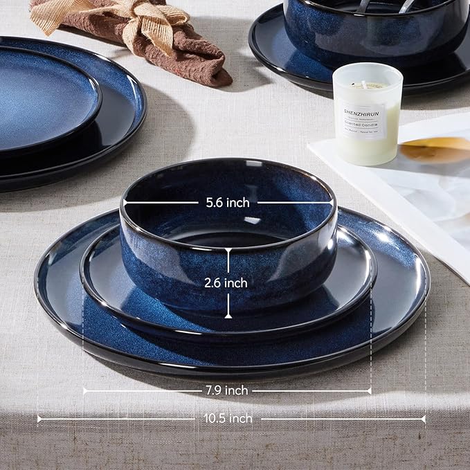 E-far 18-Piece Plates and Bowls Set, Dinnerware Sets for 6, Reactive Glaze Stoneware Dishes Dinning Ware, Microwave & Dishwasher Safe - Deep Sea Blue